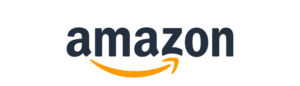 Amazon logo featuring the word 'amazon' in gray with an orange arrow beneath it, linking to amazon.com