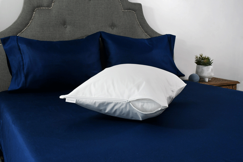 Pillow on blue bed