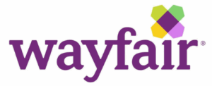 Wayfair logo featuring purple text with a colorful design element, linking to wayfair.com